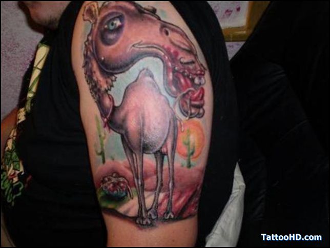 Traditional Camel Tattoo On Man Left Half Sleeve