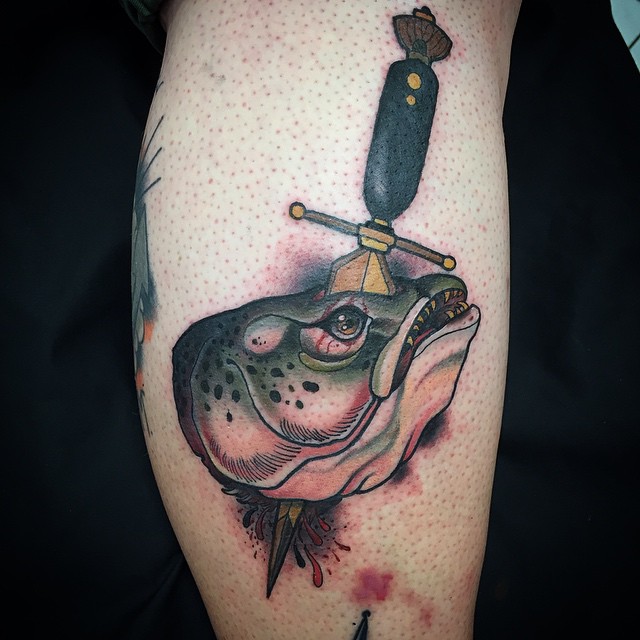 Traditional Dagger In Fish Head Tattoo On Leg Calf