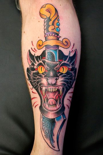 Traditional Dagger In Panther Head Tattoo Design For Leg Calf
