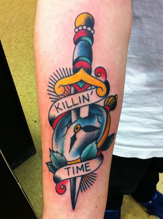 Traditional Dagger In Pocket Watch With Banner Tattoo On Right Forearm