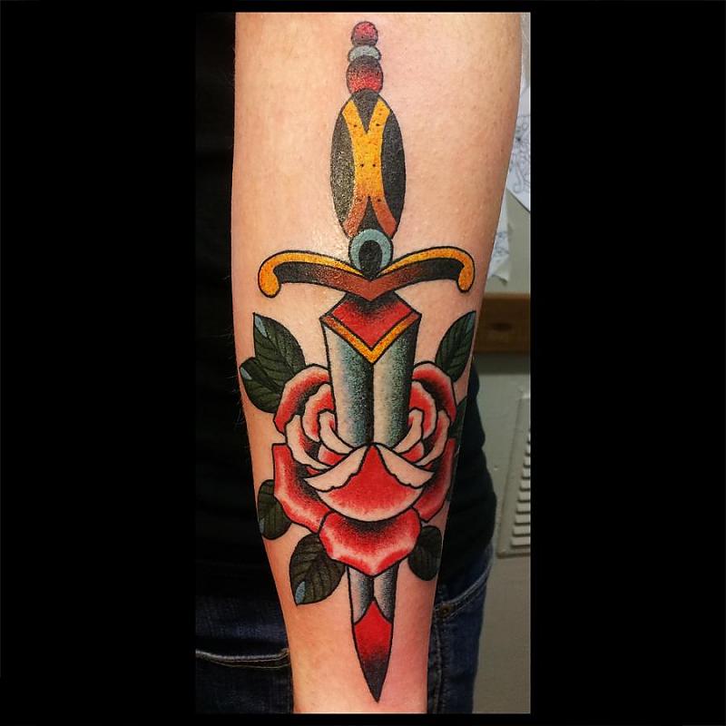 Traditional Dagger In Rose Tattoo On Right Arm