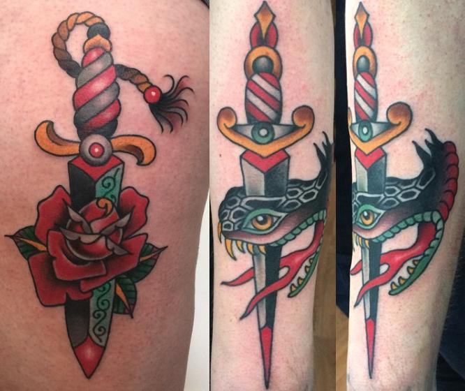 Traditional Dagger In Snake Head And Rose Tattoo Design