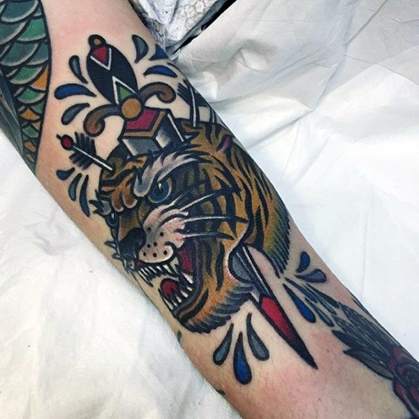 Traditional Dagger In Tiger Head Tattoo Design For Sleeve