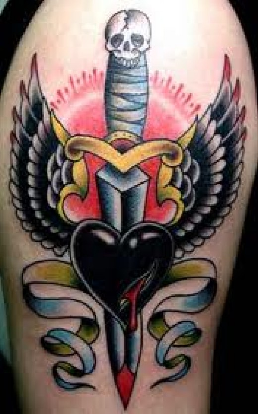 Traditional Dagger With Heart And Wings Tattoo Design For Half Sleeve
