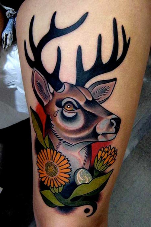 Traditional Deer Head Tattoo On Thigh
