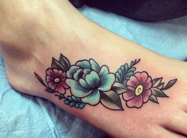 Traditional Flowers Tattoo On Right Foot