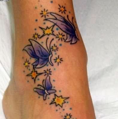 Traditional Flying Butterflies Tattoo On Right Ankle