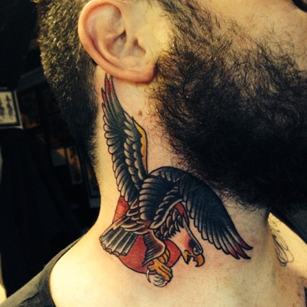 Traditional Flying Eagle Tattoo On Man Right Side Neck