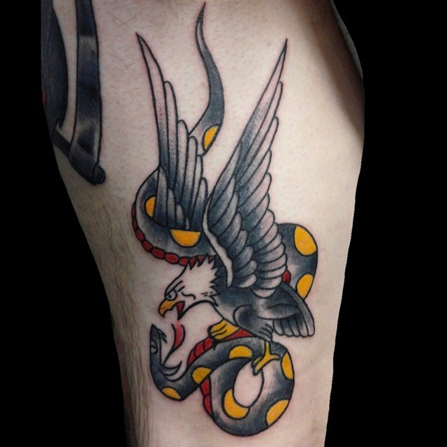 Traditional Flying Eagle With Snake Tattoo On Sleeve