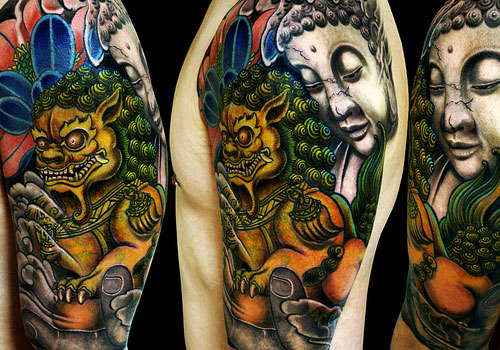 Traditional Foo Dog With Lord Buddha Tattoo On Man Left Half Sleeve