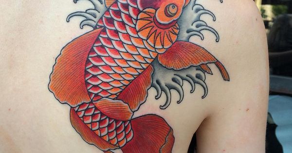 Traditional Koi Fish Tattoo On Right Back Shoulder