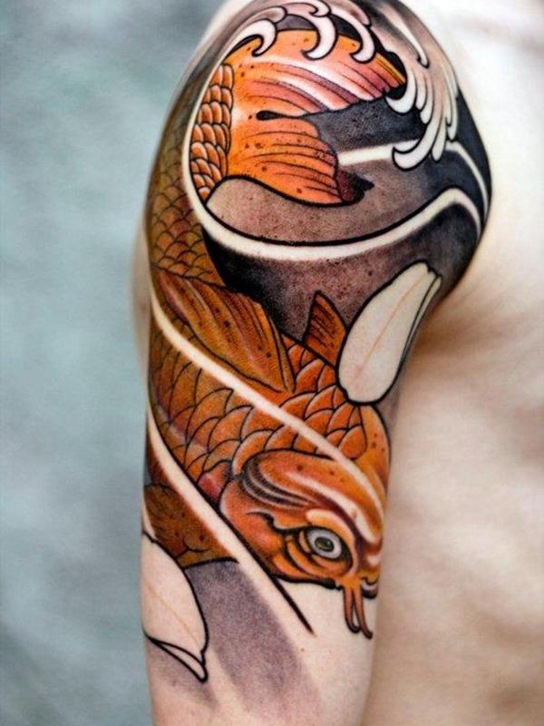 Traditional Koi Fish Tattoo On Right Half Sleeve