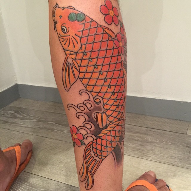 Traditional Koi Fish Tattoo On Right Leg Calf