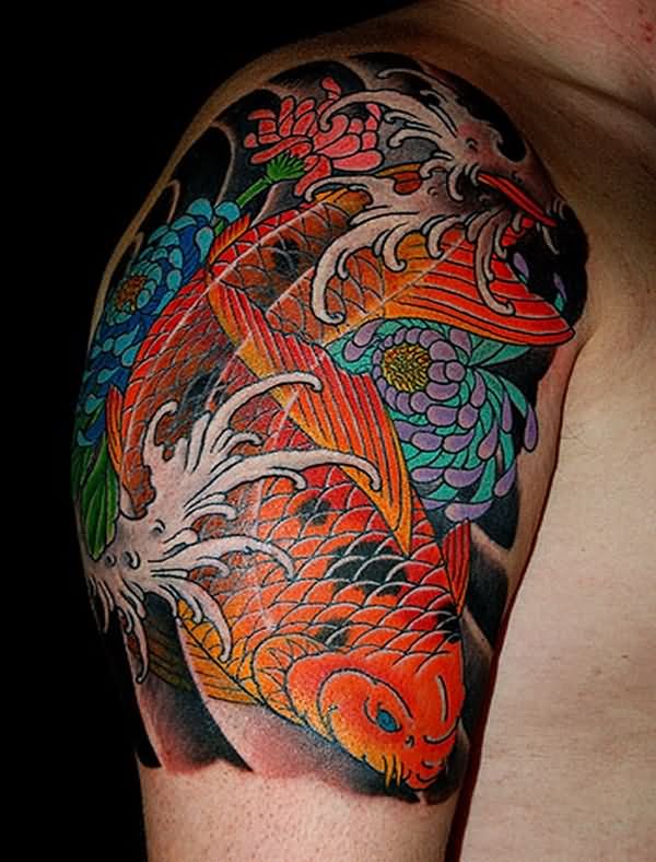 Traditional Koi Fish Tattoo On Right Shoulder