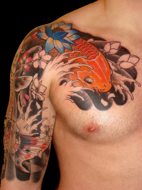 Traditional Koi Fish With Flowers Tattoo On Man Right Half Sleeve And Front Shoulder