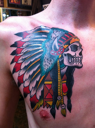 Traditional Native American Skull Tattoo On Man Right Chest