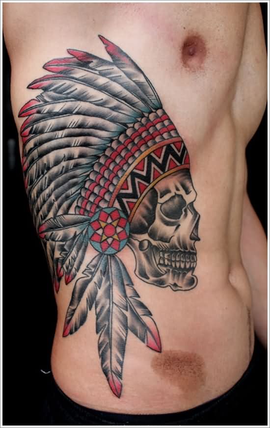 Traditional Native American Skull Tattoo On Man Right Side Rib