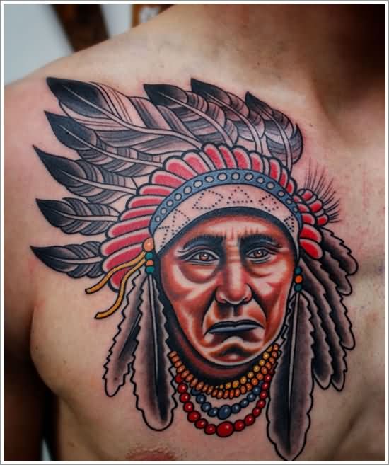 Traditional Native American Women Head Tattoo On Man Right Chest