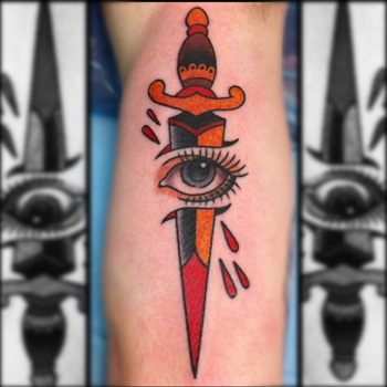 Traditional Ripped Skin Dagger With Eye Tattoo Design For Leg Calf