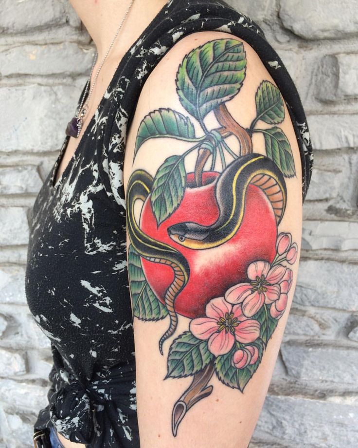 Traditional Snake With Apple Tattoo On Women Left Half Sleeve