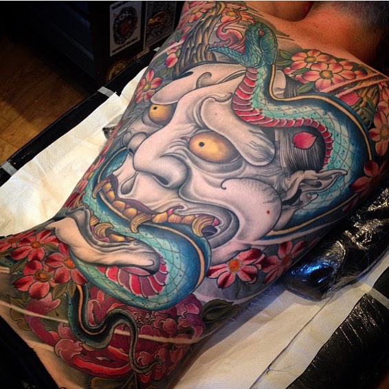 Traditional Snake With Hannya Tattoo On Full Back