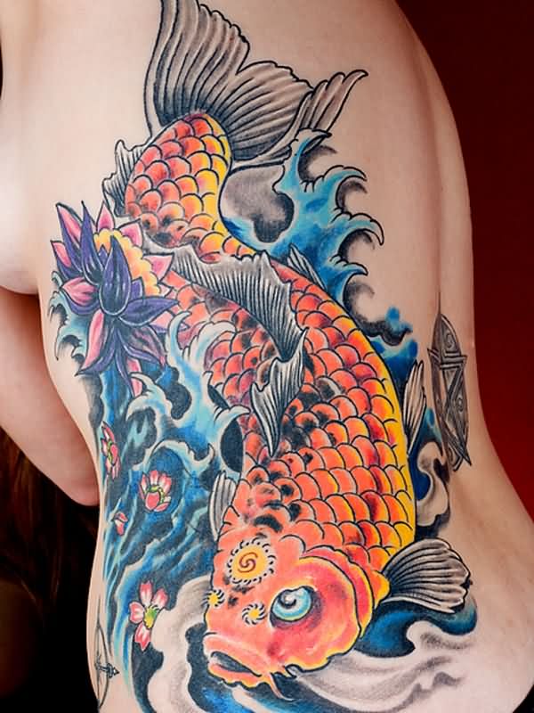 Traditional koi Fish Tattoo On Left Side Rib