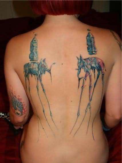 Two Dali Elephants Tattoo On Women Full Back