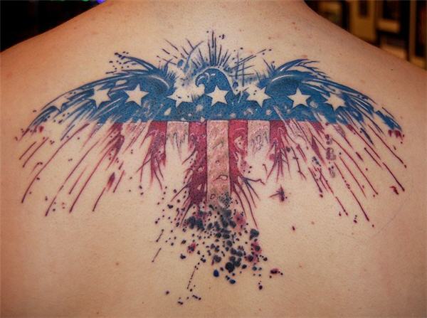 Unique America Flag Eagle Tattoo On Upper Back