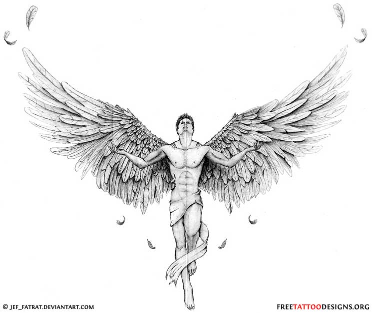 Unique Black And Grey Man With Angel Wings Tattoo Design