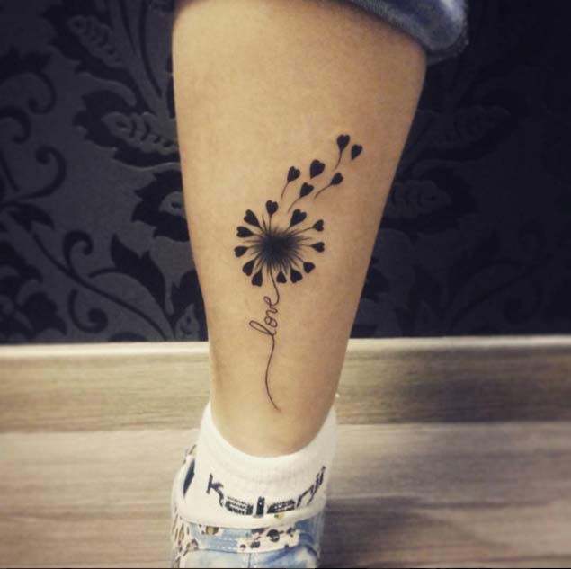 Unique Black Dandelion Tattoo On Left Back Leg By Paty Fedrigo