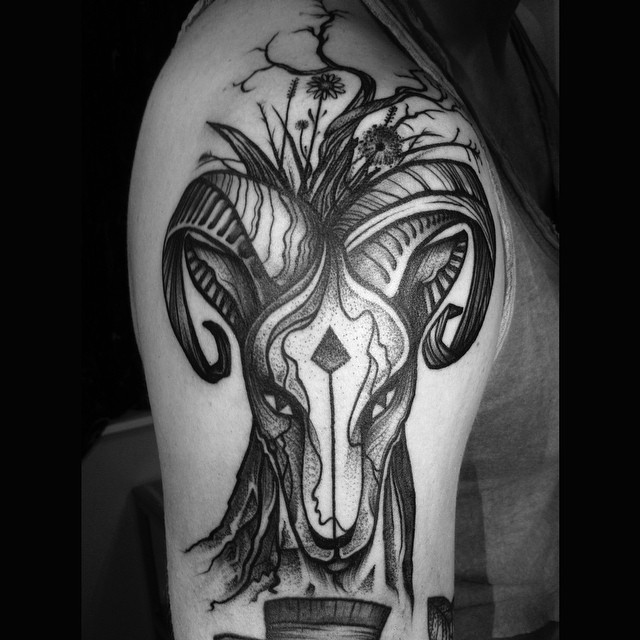 Unique Black Ink Aries Head Tattoo On Right Half Sleeve