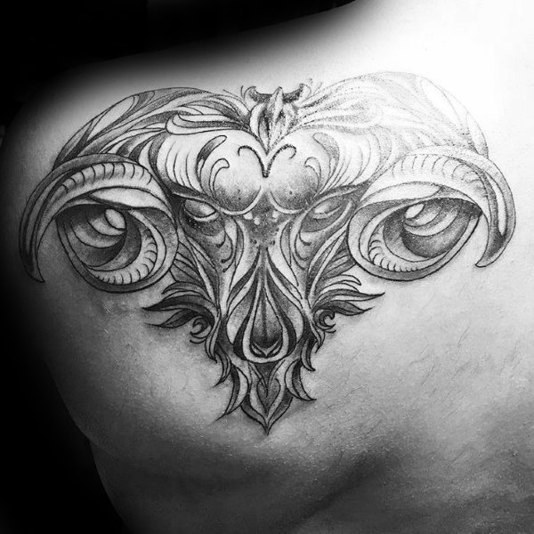 Unique Black Ink Aries Head Tattoo On Upper Back