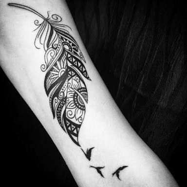 Unique Black Ink Feather Tattoo Design For Sleeve