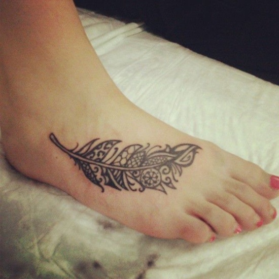 Unique Black Ink Feather Tattoo On Right Foot