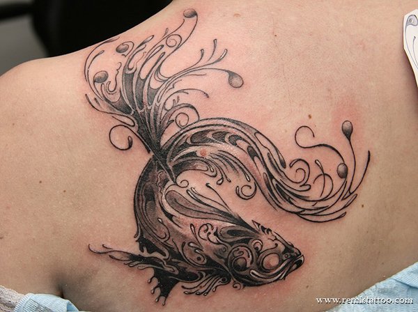 Unique Black Ink Fish Tattoo On Left Back Shoulder