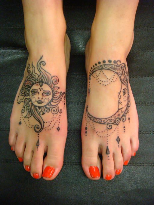 Unique Black Outline Sun And Half Moon Tattoo On Girl Feet