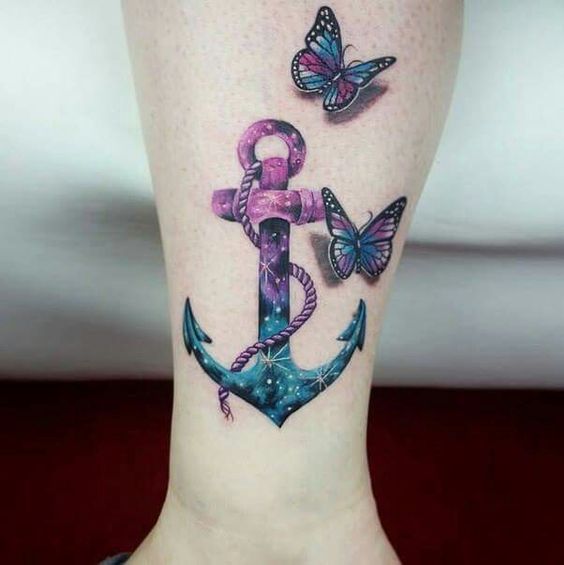 Unique Colorful Anchor With Flying Butterflies Tattoo On Leg