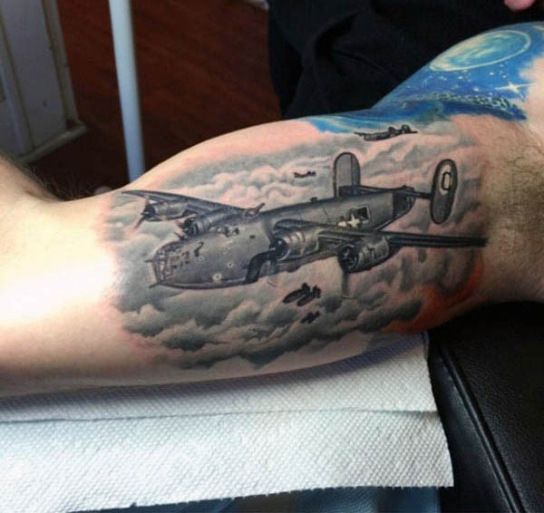 Unique Flying Airplane Tattoo On Right Bicep