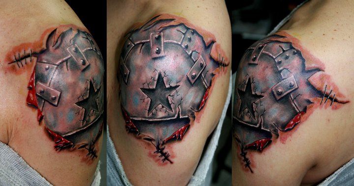 Unique Ripped Skin Armor Tattoo On Left Shoulder