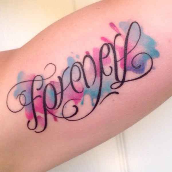 Watercolor Ambigram Forever Tattoo On Half Sleeve