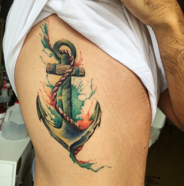 Watercolor Anchor With Rope Tattoo On Right Side Rib