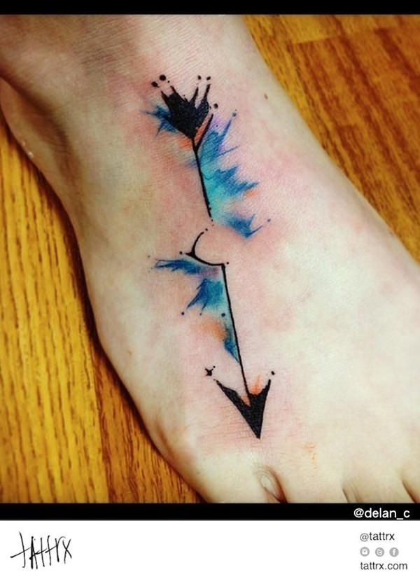 Watercolor Arrow Tattoo On Right Foot