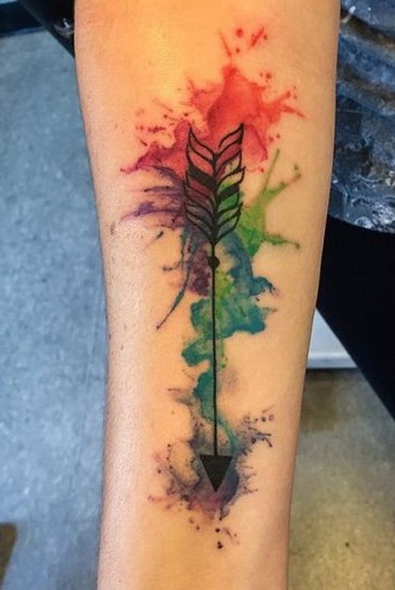 Watercolor Arrow Tattoo On Right Forearm