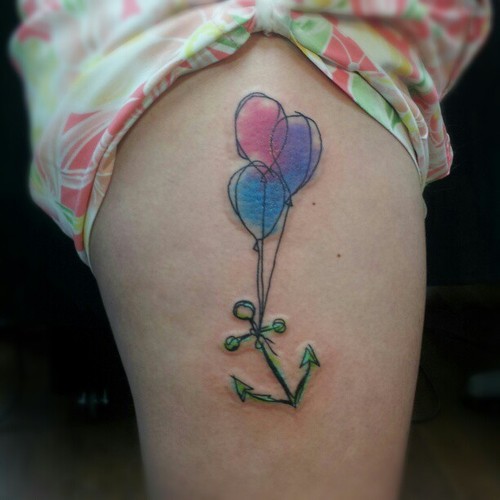 Watercolor Balloons With Anchor Tattoo On Right Side Thigh