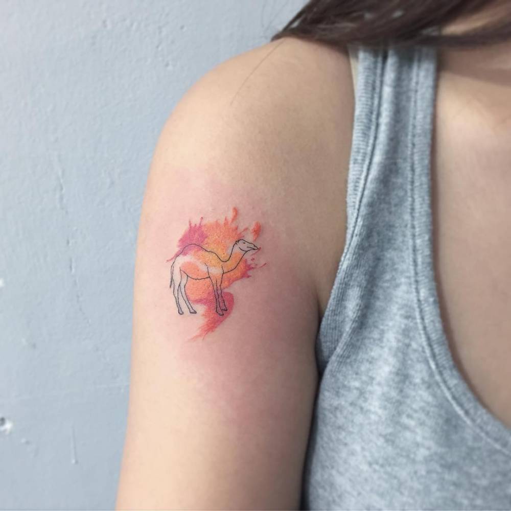 Watercolor Camel Tattoo On Girl Right Shoulder