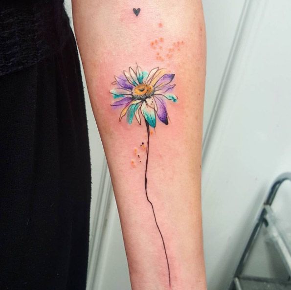 Watercolor Daisy Flower Tattoo On Forearm By Simona Blanar
