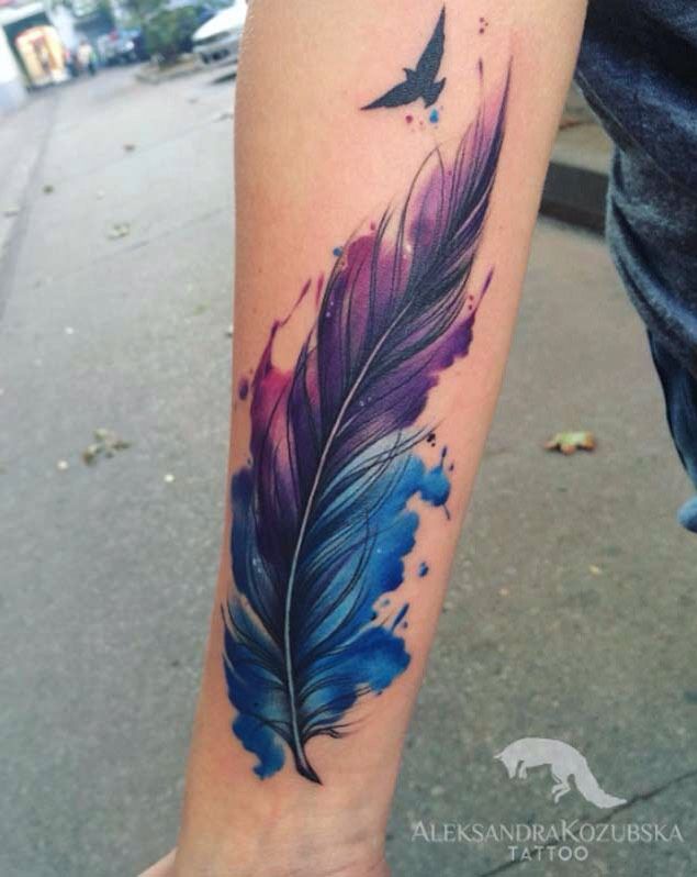 Watercolor Feather Tattoo On Right Forearm