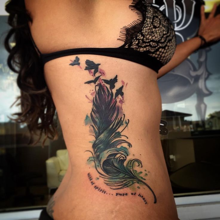 Watercolor Feather With Flying Birds Tattoo On Women Right Side Rib