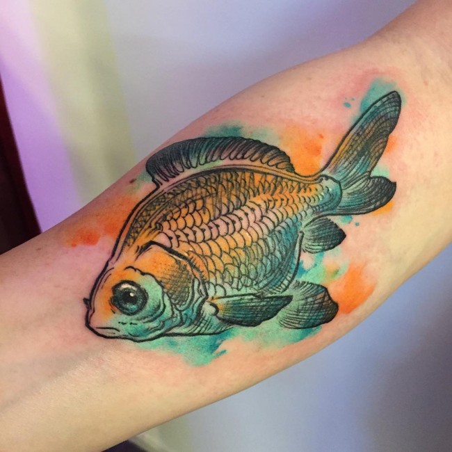 Watercolor Fish Tattoo On Right Forearm