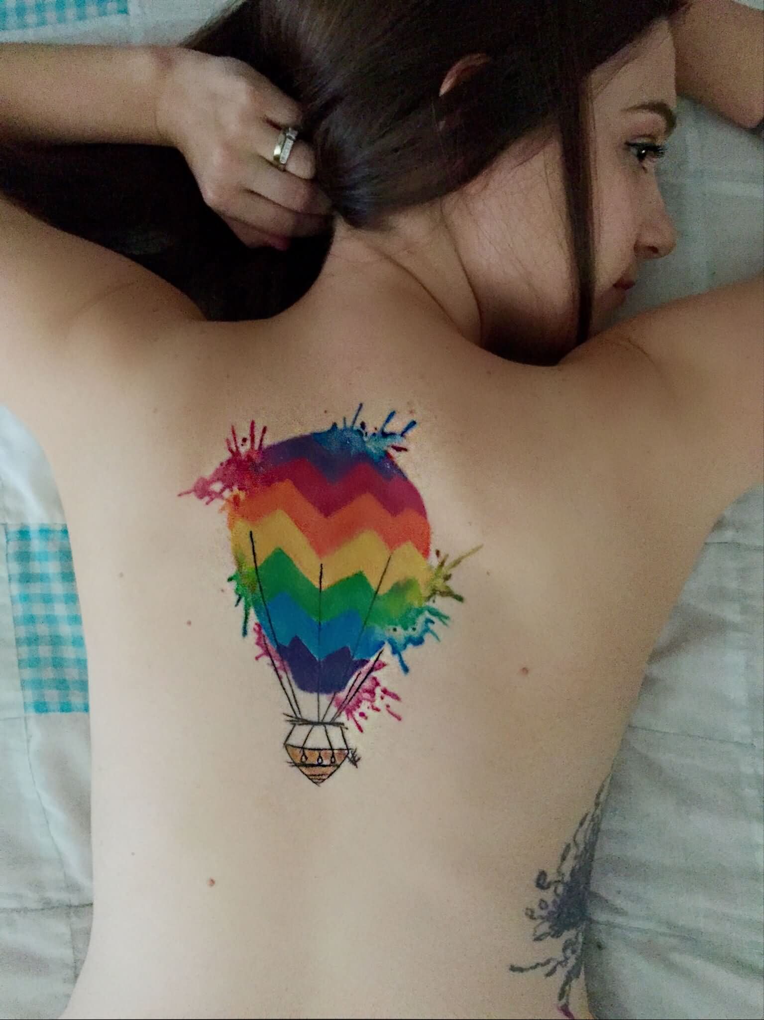 Watercolor Hot Air Balloon Tattoo On Women Upper Back